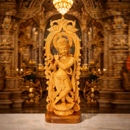 Handmade Wood Krishna Idol with Peacock Frame